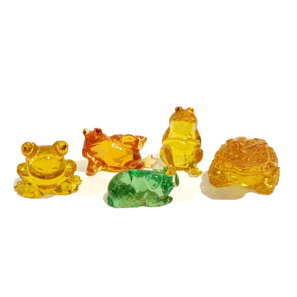 Vintage Handmade USA Aqua Glass Set of 5 Figurines Frogs Toad Pig Yellow Green